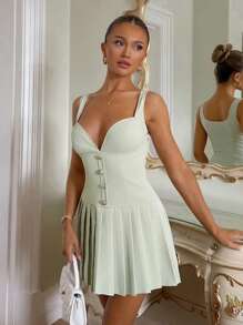 Relinas Women's Fashion Country Style Sleeveless Short Dress With Pleated Hem, Asymmetrical Neckline, Low Waistline, A-Line Flared Hemline, Gold Button, Light Green Woven Fabric, Suitable For Spring & Summer Fall Women Clothes Back To School