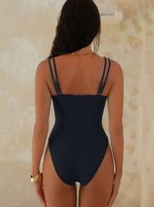 Swim Chiccia 1 bộ đồ bơi liền thân gợi cảm màu tương phản, đồ bơi trang trí kim loại thanh lịch đi biển - Đen và trắng - Xem 3