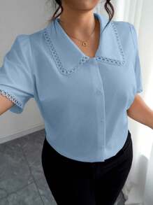 Elenzga Plus Size Women's Elegant White Blouse, Business Casual Shirt With Peter Pan Collar And Lace Trim Light Blue Blouse Baby Blue Top Eyelet Blouse Light Blue Top Women Baby Blue Shirt - Baby Blue - View 3