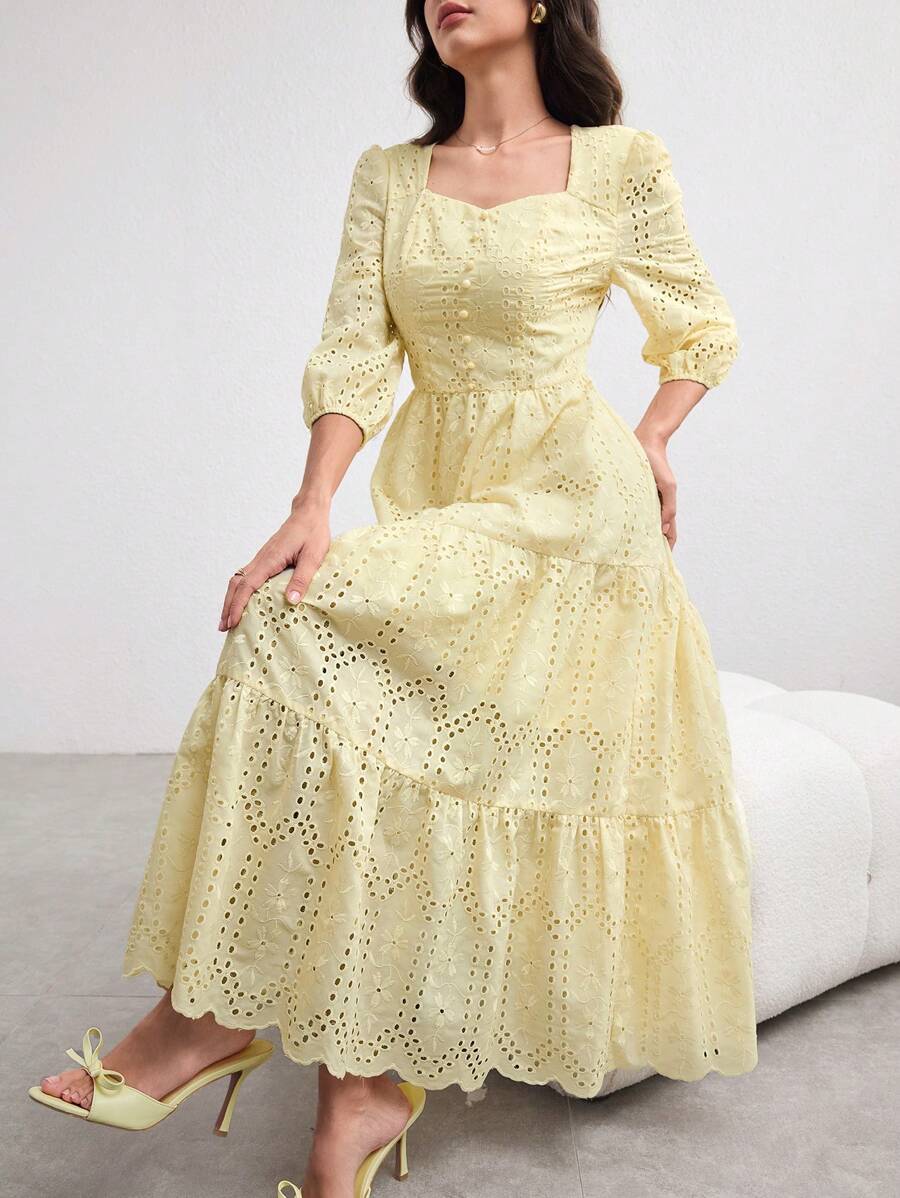 Modelyn Elegant Long Women's Floral Embroidered Puff Sleeve Square Neck Dress, Light Yellow, Spring & Summer - Light Yellow - View 1