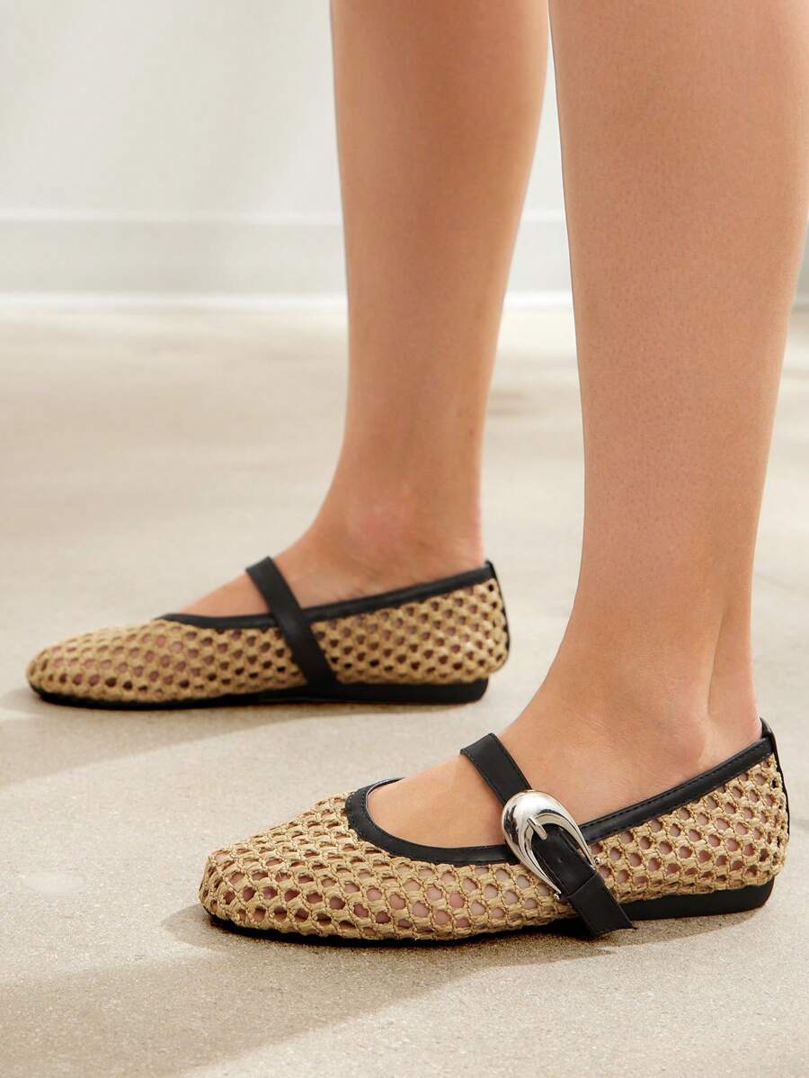 SHUZIA Giày búp bê Mary Jane Ballet Flat Crochet Raffia dành cho nữ - Màu be - Xem 1