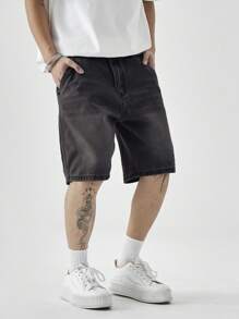 Chillumni 男士休闲街头风格口袋5膝盖长度牛仔短裤男士牛仔短裤 - 黑色 - 查看 5