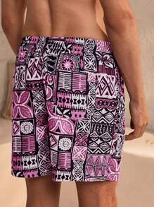 Manfinity VDAYZ Plus Size Men's Geometric Print Drawstring Waist Beach Shorts (Uneven Print) Matching Swimwear For Couples, Beachwear For Couples Swimwear - Burgundy - View 2