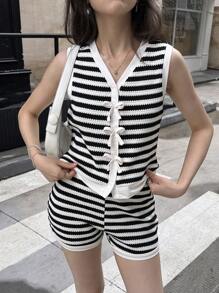 SHEIN Teen Girls Striped Bowknot Camisole And Shorts Casual Outfit Set