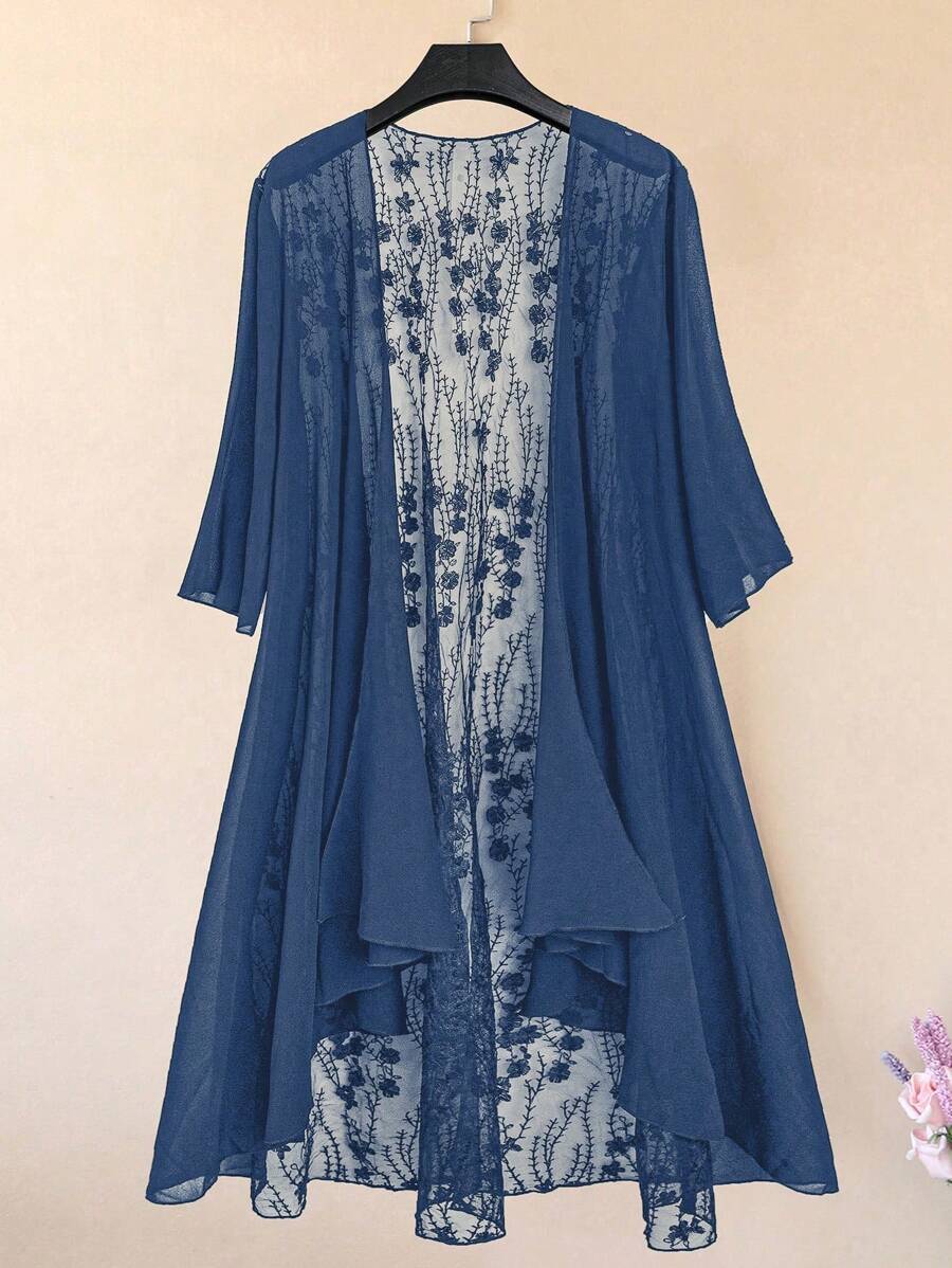 EMERY ROSE Blusa de malla bordada de unicolor casual de vacaciones para mujer talla grande - Neblina azul - Ver 1