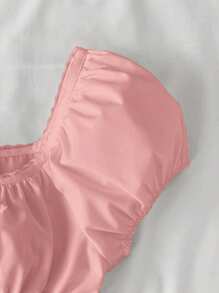 SHEIN Cute Pink Square Collar Ruffle Hem Blouse, Preppy Sweet Style, Cropped Casual Shirt For Teens