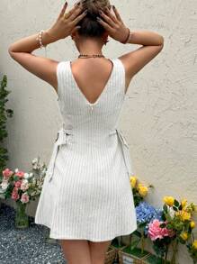 SHEIN LUNE Women's Casual Vacation Linen Striped Apricot Waist Tie Bodycon Mini Dress, Women's Elegant Distinctive Commuter Front Button Sleeveless Striped Casual Mini Dress, Spring/Summer, Fitted Round Neck Camisole Dress, Linen Striped Fabric, Office Commute Dress, Elegant Fashionable Commuter, French Holiday Outfit, Office Siren Style Clothing, Women's Summer Dress, Tea Party Dress Vacation Outfits Woman Vacay Outfits Women Teacher Outfits For Women White Striped Summer Dress Casual Summer Dress Women Vacation Dress Sleeveless Summer Dress Women Casual Dress White Striped Dress Khaki Dress Teacher Outfits Weste M Women Clothes Old Money,Boho Clothes Women - Apricot - View 7