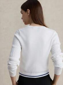 Briarwyn Maglione da donna con grafica a lettere, girocollo, maniche lunghe, bianco e blu, autunnale, elegante e raffinato, scuola, ritorno a scuola, preppy, laurea - Bianco - Visualizzare 4