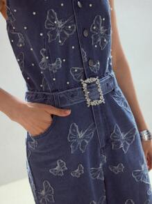 MOTF STUDIO 全身蝴蝶图案仿珍珠细节水钻扣无袖束带阔腿牛仔连体裤 - 藍色 - 查看 2