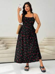 Solflare Váy dây in họa tiết quả anh đào cỡ lớn cho kỳ nghỉ hè - màu đen - Xem 5