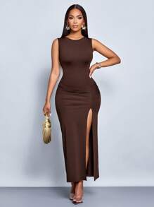 SOLERSUN Vestido largo de mujer elegante y casual de unicolor para vacaciones de primavera y verano, con pliegues, sin mangas, espalda descubierta y abertura en el bajo - Marrón - Ver 4