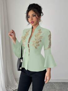 Rafferiza Casual Elegant Versatile Daily V-Neck Waist Ruffle 3/4 Bell Sleeve Black Blouse For Women, Spring/Summer