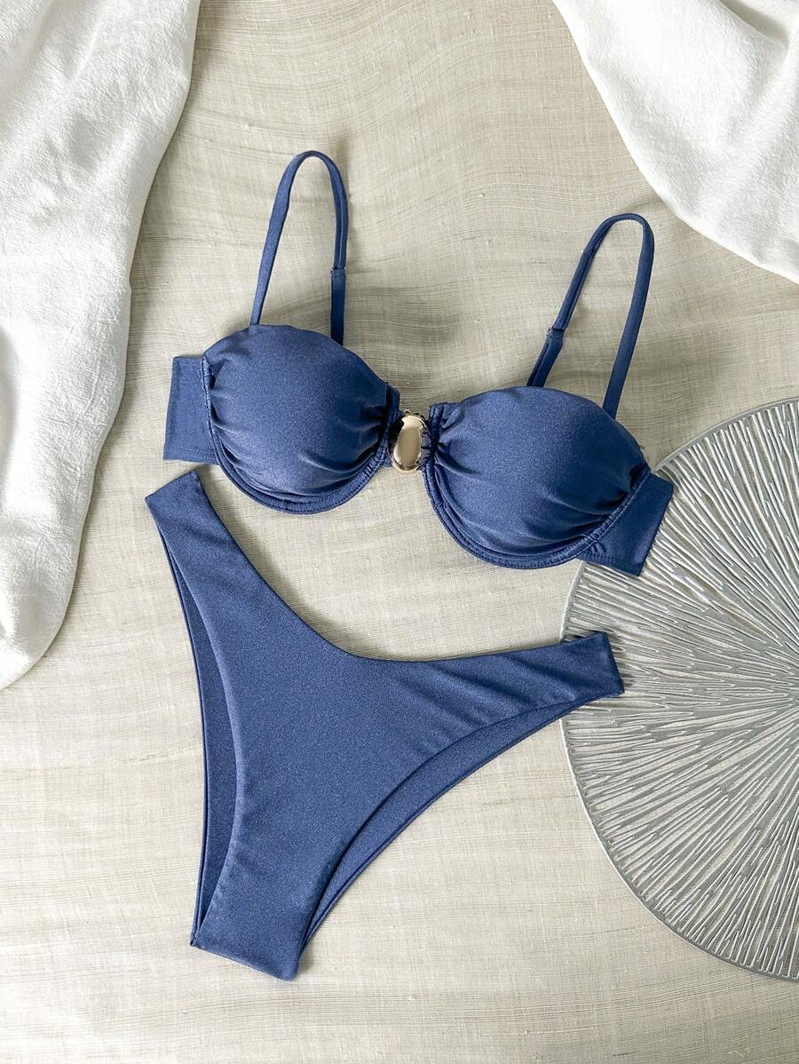 Swim Basics Women's Solid Color Spaghetti Strap Underwired Top And Swim Shorts 2pcs Summer Swimsuit Set - Blue - View 1