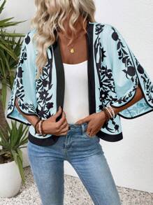 EMERY ROSE Women's Vacation Plant Print 3/4 Sleeve Open Front Lightweight Jacket - Blue - View 3