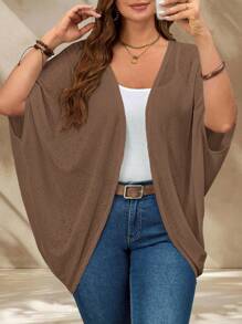 EMERY ROSE Plus Size Vacation Solid Color Asymmetric Hem Batwing Sleeve Casual Jacket,Spring/Summer Fall Women Clothes,Autumn,Fall Clothes Brown Cover Up Summer Cardigan Plus Size Brown Cardigan Coffee Brown Top Winter - Brown - View 3