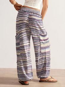 Bohemela 大码女式休闲日常通勤度假街头时尚低腰拼布口袋多色条纹图案抽绳下摆毛衣裤秋冬女装 - 彩色 - 查看 13