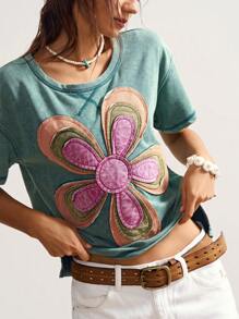 Bohemela Camiseta casual de mujer de manga corta y cuello redondo, de punto en unicolor, con bordado floral de patrón suelto - Multicolor - Ver 2