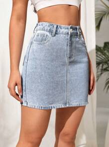 Women's Pocketed A-Line Casual Versatile Denim Mini Skirt - Light Wash - View 3