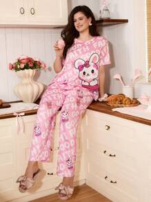 甜美兔子印花休闲大码睡衣套装
