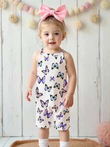 3pcs/Pack Baby Girls' Butterfly Print Strap Romper, 1 Purple, 1 Full Print, 1 Black Baby Girl Butterfly Summer Outfits - Multicolor - View 9