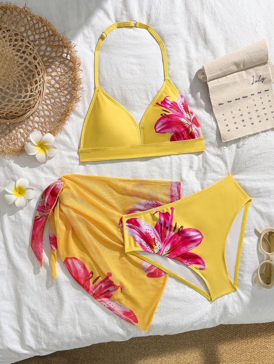 Set de traje de baño de 3 piezas para adolescentes con bikini triangular estampado floral y falda de playa, adecuado para vacaciones, estilo retro, playa, océano, elegancia y ternura