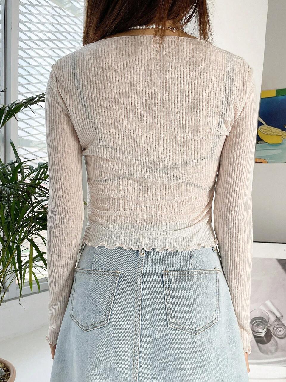 Lettuce Trim Asymmetrical Hem Tee Long Sleeve Women Tops,Fall Women Clothes