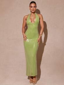 Silquee 女士绿色亮片露背连衣裙、派对连衣裙、节日连衣裙、春夏 - 綠色 - 查看 3