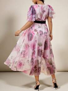 Modelyn Plus Size Floral Print V-Neck Belted Short Sleeve Elegant Dress