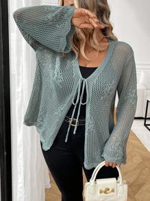 SHEIN LUNE Áo len cardigan nhẹ tay dài dệt kim rỗng rút dây màu trơn cỡ lớn cho nữ, áo khoác nhẹ mùa hè - màu xanh lá - Xem 7