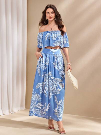 Chiquease 女士露肩花卉印花两件套，休闲假日