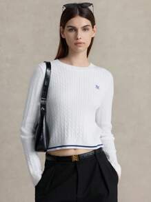 Briarwyn Maglione da donna con grafica a lettere, girocollo, maniche lunghe, bianco e blu, autunnale, elegante e raffinato, scuola, ritorno a scuola, preppy, laurea - Bianco - Visualizzare 7