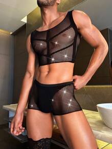 Ropa interior sexy de hombre transparente de parches de unicolor - Negro - Ver 3
