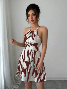 Elenzga 女式黑白印花优雅无袖挂脖连衣裙 - 酒紅色 - 查看 4