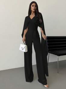 Firerie 女士优雅浪漫魅力度假 V 领披肩，超长袖，腰带 A 字形白色阔腿连体裤，春夏 - 黑色 - 查看 7