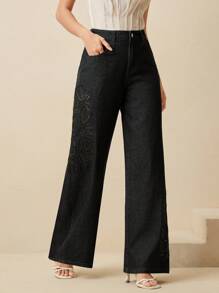 Anewsta 女士新款精致镂空刺绣情人节黑色直筒牛仔裤 - 黑色 - 查看 3