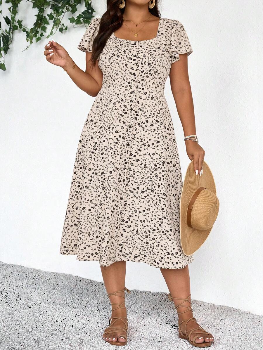 SHEIN Frenchy Plus Size Women Square Neck Ruffle Sleeve Maxi Ditsy Floral Dress, Cinched Waist, Casual & Holiday Wear,Summer Dresses For Women,Dresses Casual