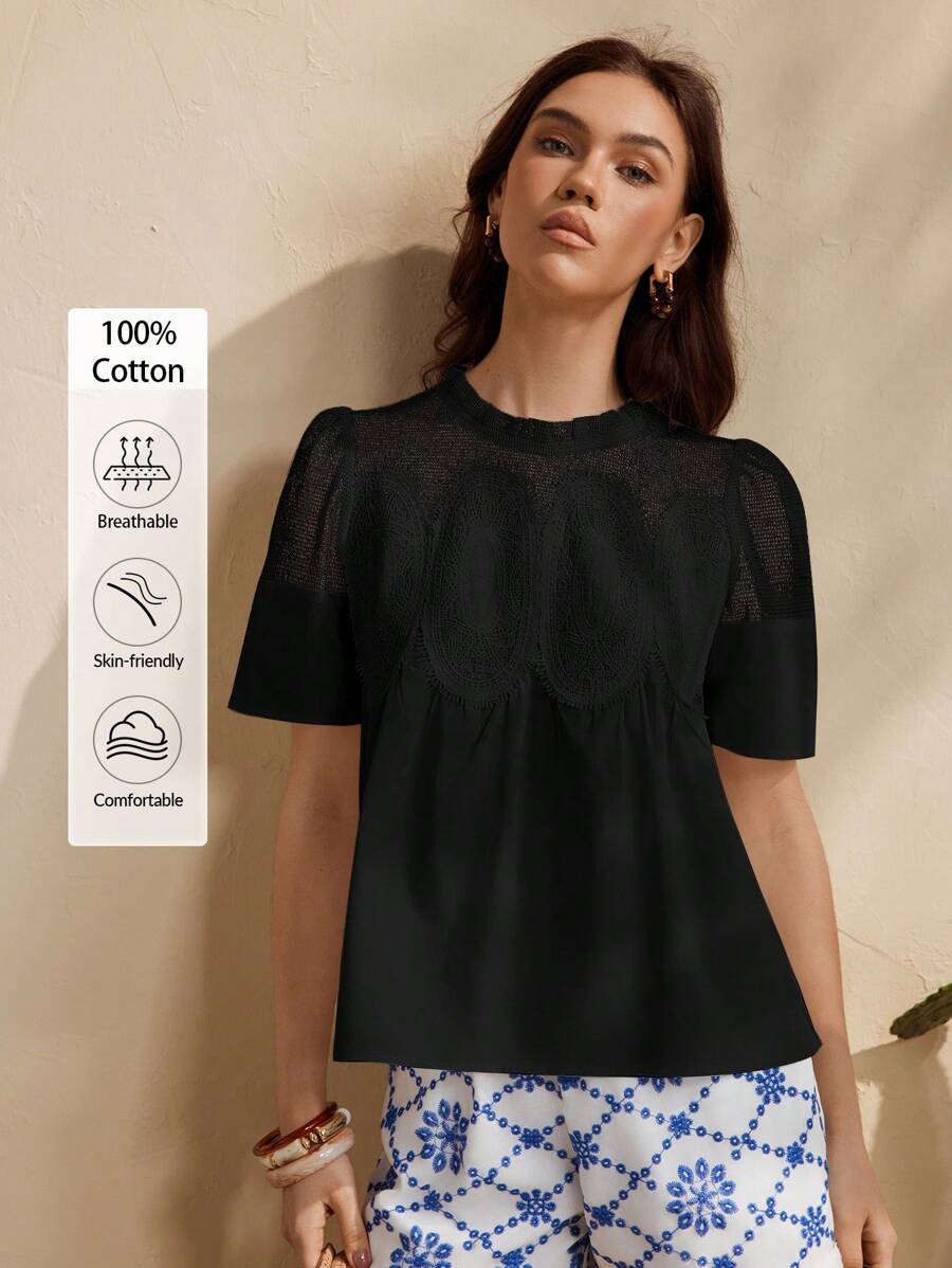 Uhlyne 女士时尚棉质短袖衬衫，圆领蕾丝拼接宽松休闲度假衬衫 - 黑色 - 查看 1