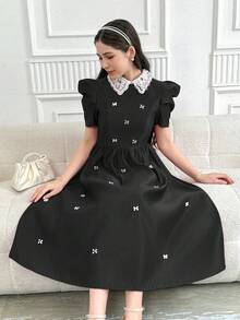 Rochie mini elegantă cu mânecă scurtă și decor cu perle pentru fete adolescente