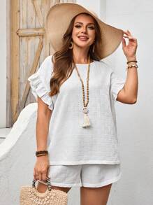 EMERY ROSE Damen Große Größe Sommer Einfarbig Rundhals Fledermaus Ärmel Top und Shorts Lässiger 2-teiliger Set