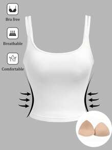 SHEIN PETITE Women's Solid Color Cropped Fitted Camisole White Tank Top With Built-In Bra - Black - View 1