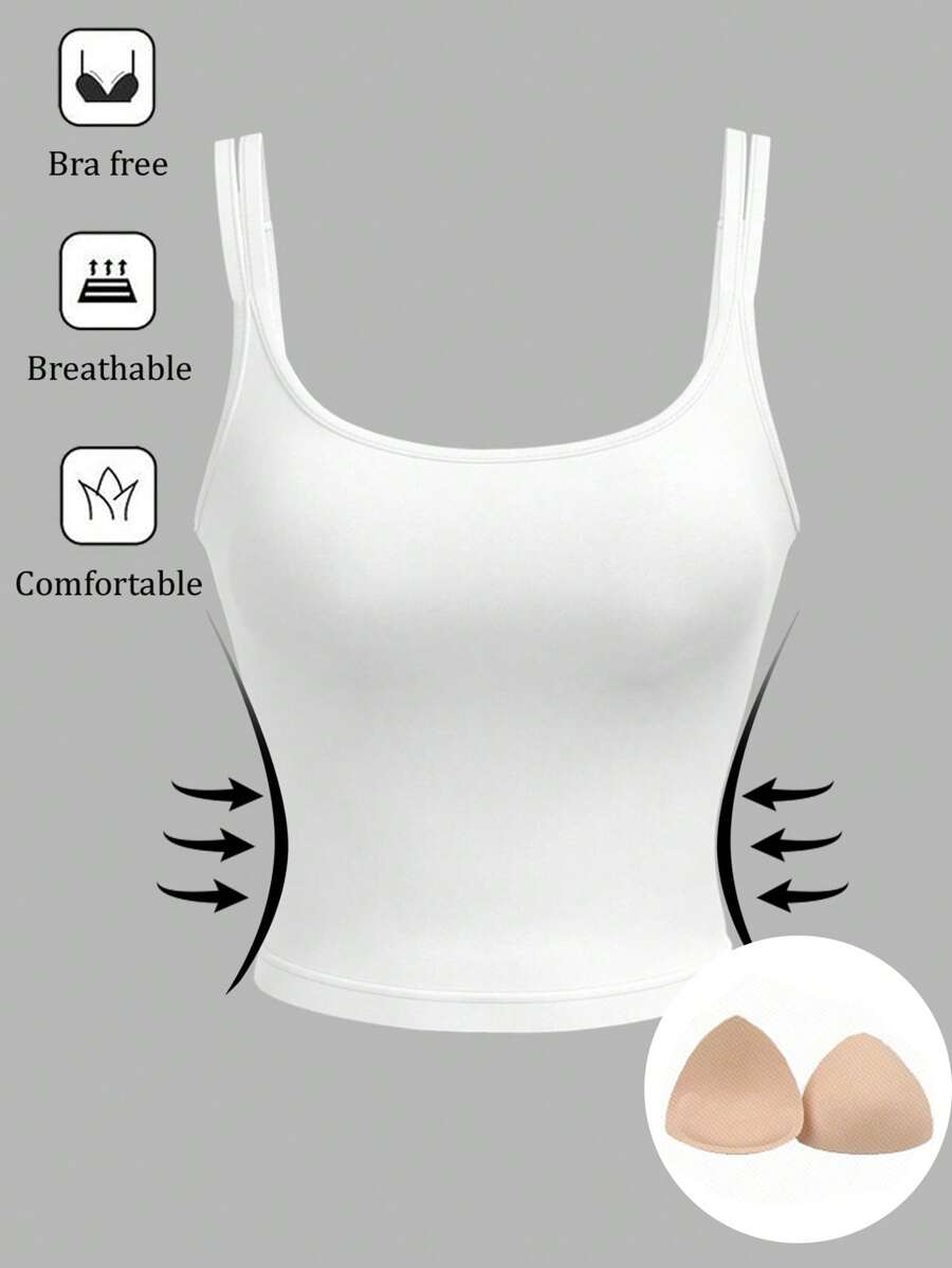 SHEIN PETITE Women's Solid Color Cropped Fitted Camisole White Tank Top With Built-In Bra - Black - View 1