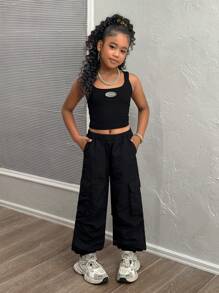 SHEIN Tween Girl Casual Streetwear Solid Color Knit Cami Top And Jogger Pants Set - Black - View 3