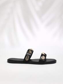 SHUZIA New Hot 2025 Women's Black Pu Double Strap Slider Sandal Slip-On Gold Seashell Design Non-Slip Beach Sandal Shoe Vacation Spring Summer Mother's Day Present - Black - View 6