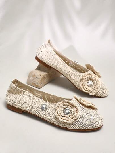 SHUZIA Ladies Crochet Ballet Flat With Floral And Rhinestone Decor
