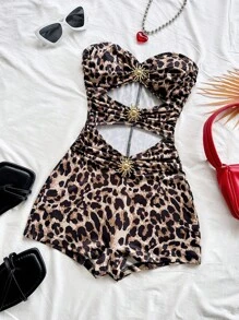 Soleia 女士经典复古豹纹连体裤，配有金属配饰，适合度假、派对、约会、下午茶、音乐节、海滩巡游，可内外穿着 - 彩色 - 查看 4