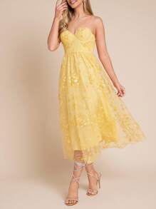 Amorya 女士优雅奶油黄色灯芯绒花卉刺绣露肩连衣裙（带胸罩杯） - 黃色 - 查看 6