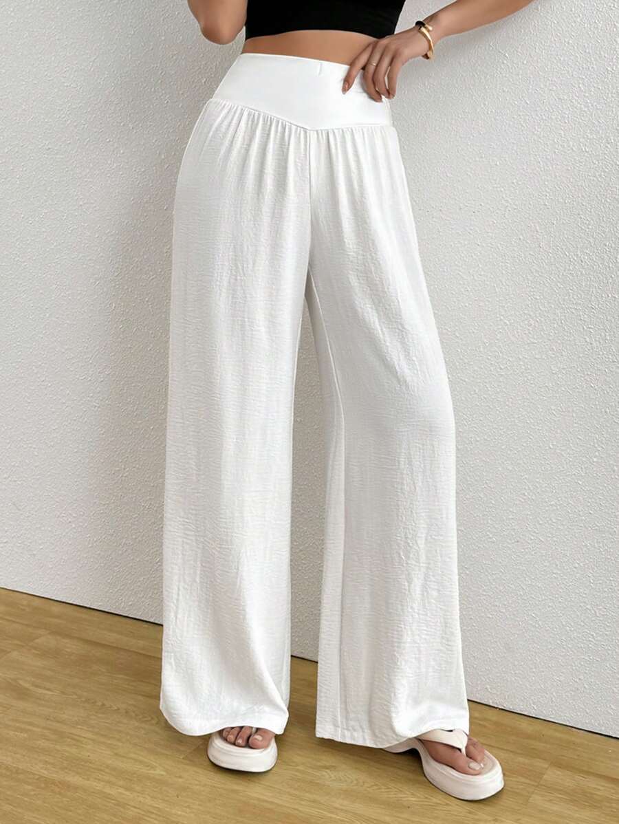 Roylia Women's Casual Solid Color Wide Leg Pants, Versatile - White - View 1