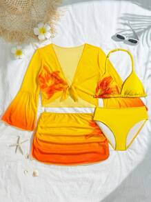 4pcs Tween Girls Floral Print Halter Bikini Set Set With Long Sleeve Top And Ruffle Skirt - Yellow - View 3