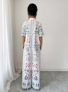 Chiquease Women's Elegant Floral Print Vacation Fresh Comfortable Top And Straight Leg Pants Set