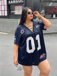 SHEIN EZwear Plus Size Drawstring Ball Graphic Letter Print Loose Navy T-Shirt Oversized Jersey Football Jersey Women,Back To School